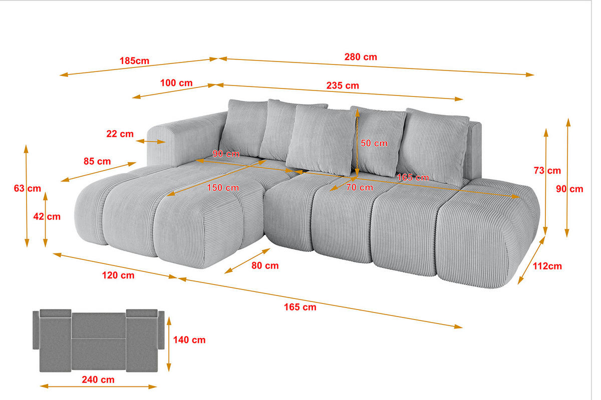 ECKSOFA Ottomane Links CLOUD-L-v1 280x185x90 Grau Cord - Grau, Holzwerkstoff/Kunststoff (180/289cm) - ALTDECOR