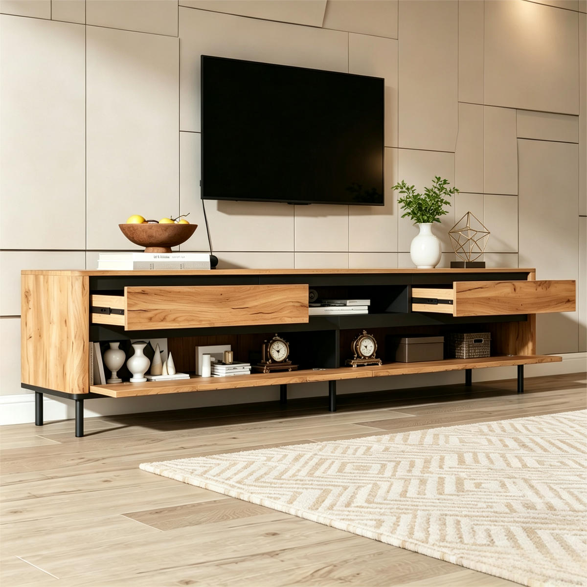 TV‑LOWBOARD in Eichenoptik mit Lamellenfront und Metallfüßen 180 × 40 × 52 cm - Eichefarben, Holzwerkstoff (180/52/40cm) - Luhomfu