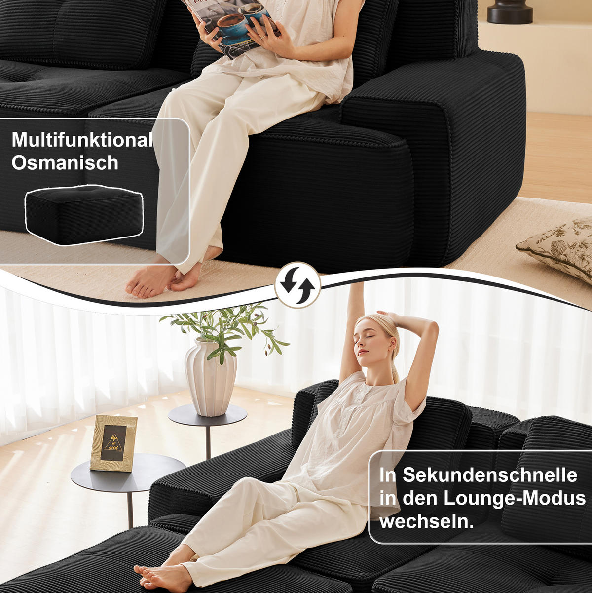 3-SITZER Sofa mit 74 cm Tiefsitz, boneless Design, cordbezogen und montagefrei, Schwarz - Schwarz, Textil (293/69/104cm) - Redom