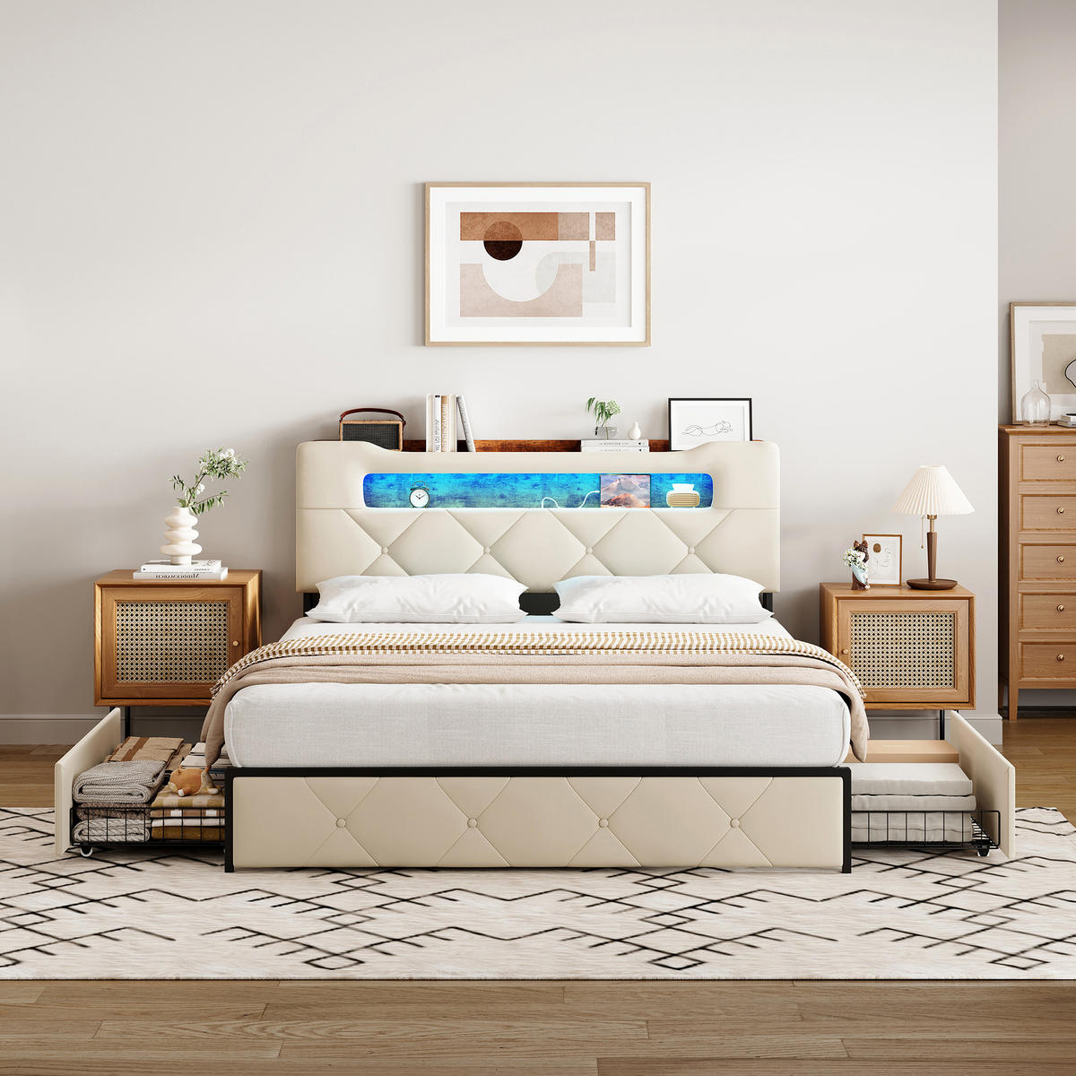 POLSTERBETT 140x190 cm Beige mit 4 Schubladen, LED Beleuchtung, Stauraum Kopfteil mit USB und Typ-C - Beige, Metall (140/190cm) - EuroLiving