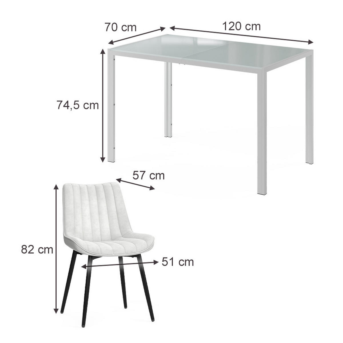 JÍDELNÍ STŮL SESTAVA Grand, Bílá, 120 x 70 cm se 4 židlemi (béžové) - bílá, sklo (120/74.5/70cm) - Vicco