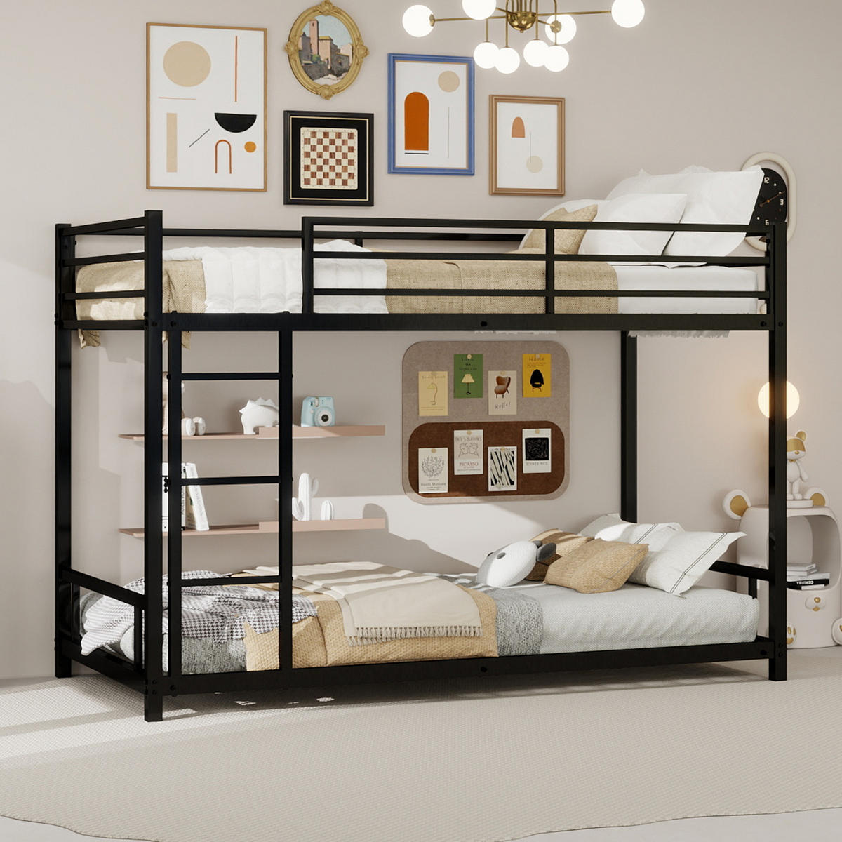 ETAGENBETT 90/200 cm Schwarz mit Leiter und Sicherheitsgeländer, Eisen - Schwarz, Metall (90/200cm) - Oxeza