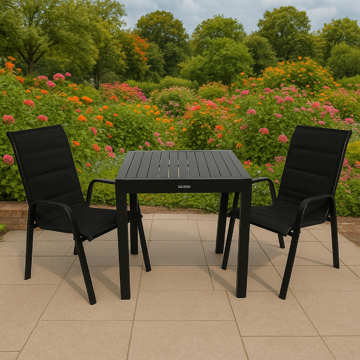GARTEN-GARNITUR Ashford - 3-teiliges Gartenlounge-Set (2x Stapelsessel Hochlehner Aluminium dunkelgrau + Textilgewebe gepolstert schwarz - Schwarz, Metall - TPFGarden
