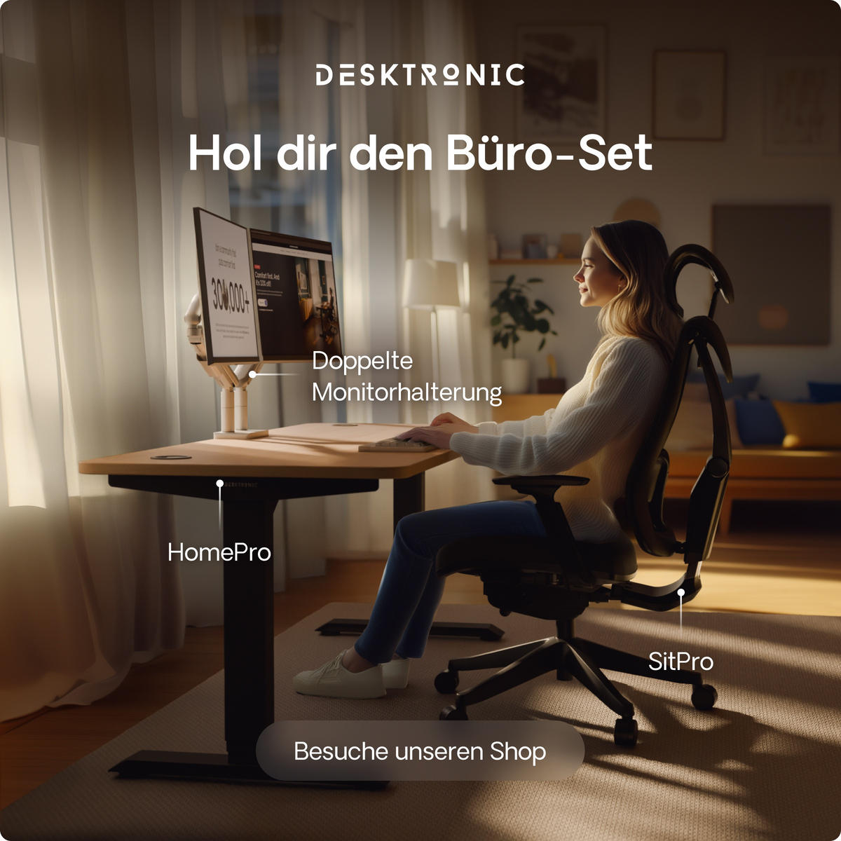 SCHREIBTISCH Elektrisch Höhenverstellbarer HomePro 120x60cm Schwarz/Eiche mit Memory-Funktion, Anti-Kollisions Technologie - Eichefarben/Schwarz, Holzwerkstoff (60/120/62cm) - Desktronic