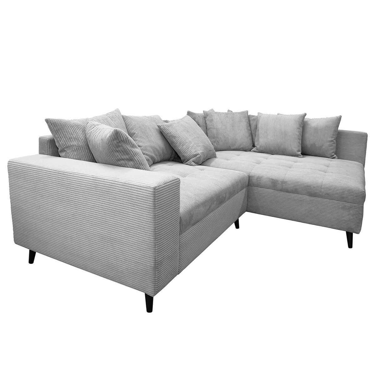 ECKSOFA mit Ottomane und Hocker - Hellgrau/Schwarz, Birkenholz/Textil (247/174cm) - home24