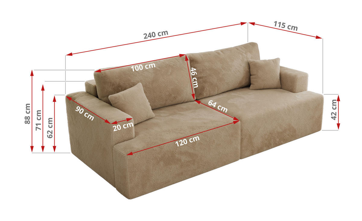 4-SITZER SOFA VIRELLA Beige Plüsch - Beige/Schwarz, Textil (240/88/115cm) - MKS