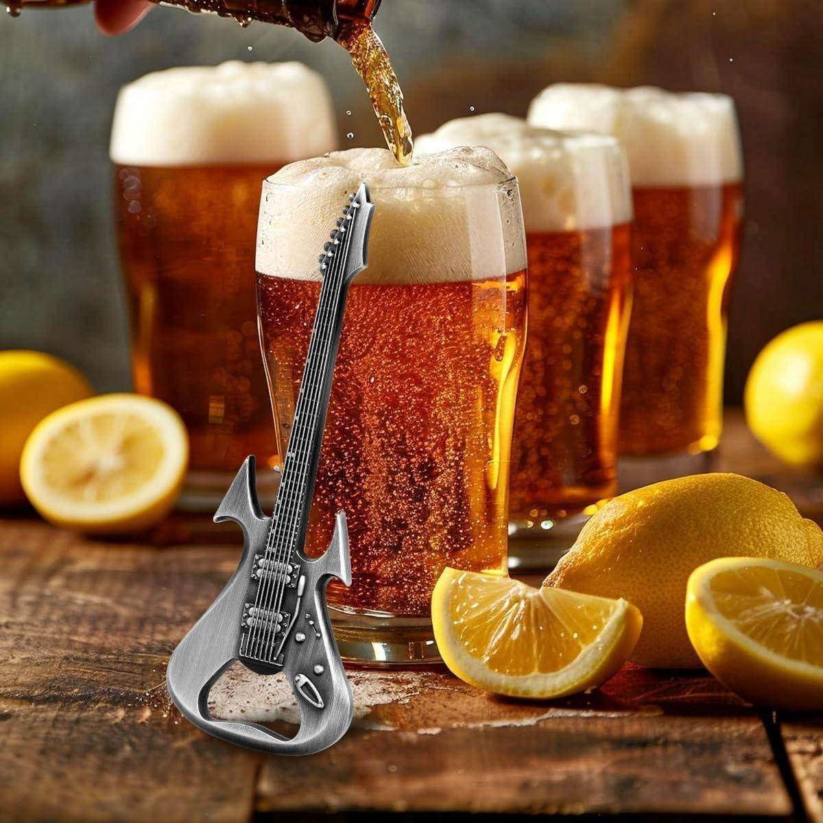 FLASCHENÖFFNER E-Gitarre Metall Silber mit Geschenktasche - Silberfarben, Metall (12.6cm)