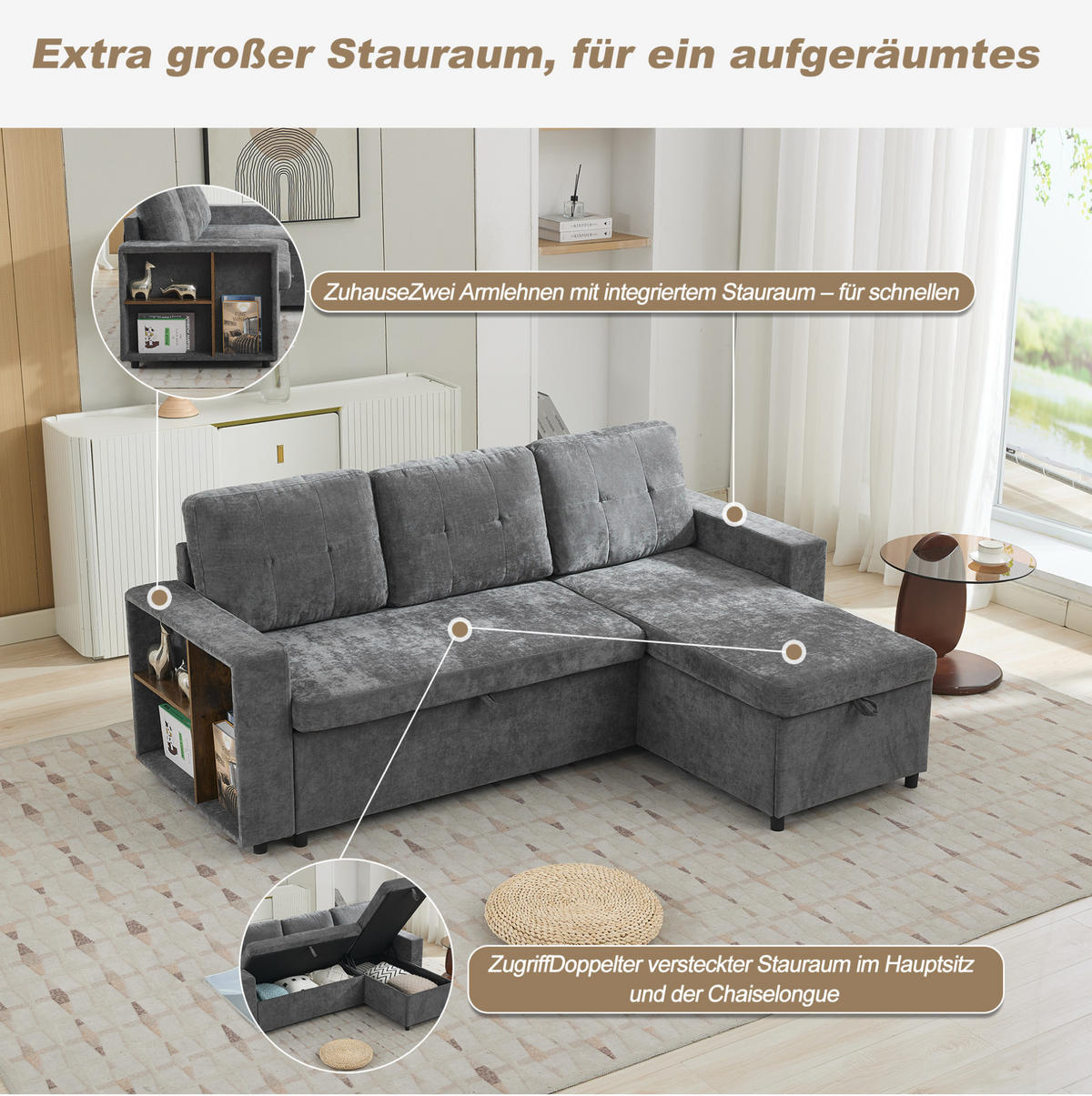 ECKSOFA 202/136/85 cm grau aus Chenille mit Stauraum - Grau, Textil (136/202cm) - OKWISH