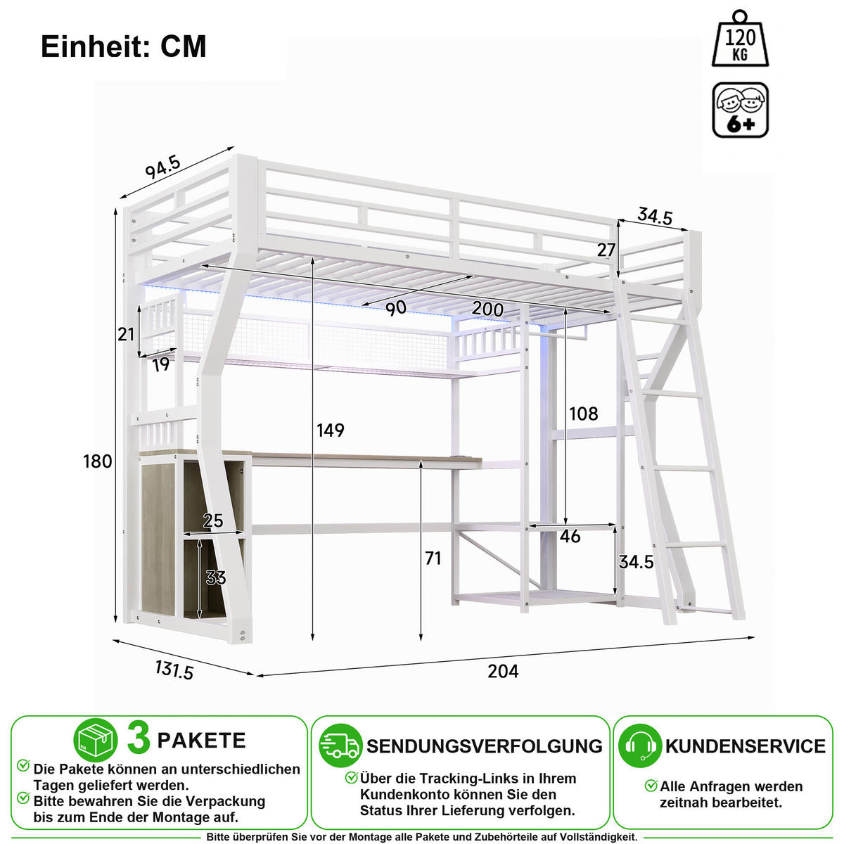 HOCHBETT 90/200 cm in Weiß mit Lichtleiste, Steckdose und Schreibtisch, Metall - Weiß, Holzwerkstoff/Metall (90/200cm) - CHICFURN