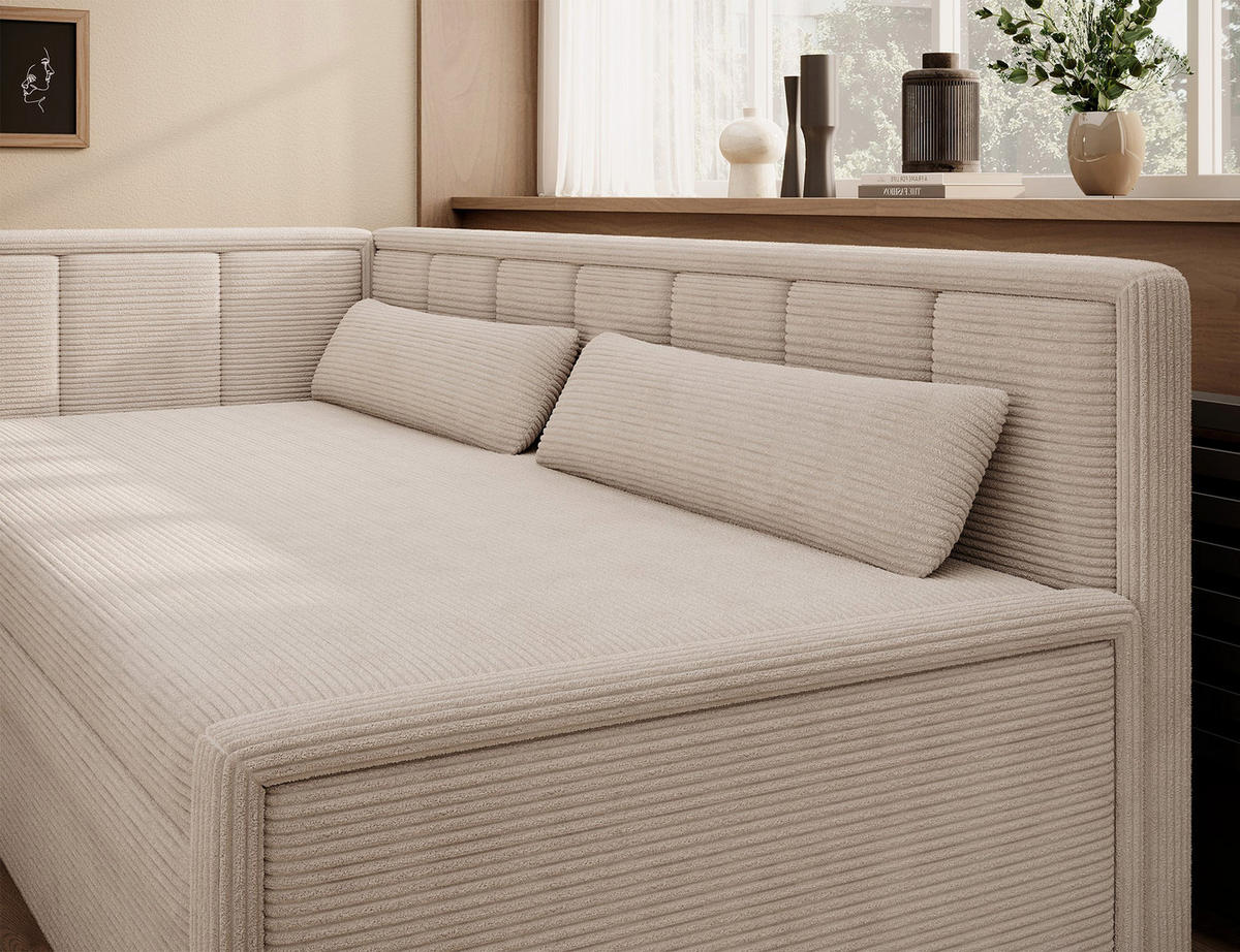 SCHLAFSOFA FULGEO mit Schlaffunktion & Bettkasten – Modernes 3-Sitzer Sofa, Liegefläche 200 x 150 cm - Beige, Kunststoff (214/82/77cm) - Wohnideebilder