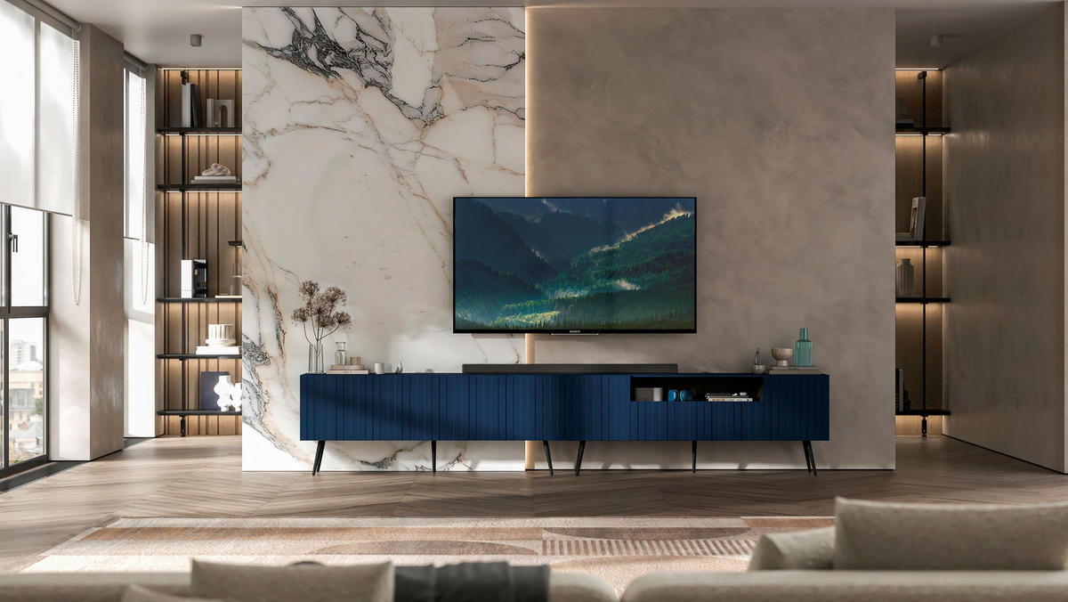 TV-LOWBOARD 2er-Set Elpis2 Marineblau mit schwarzen Metallbeinen150 cm - Blau/Schwarz, Holzwerkstoff (300/60.5/36.5cm) - Meble Lindner