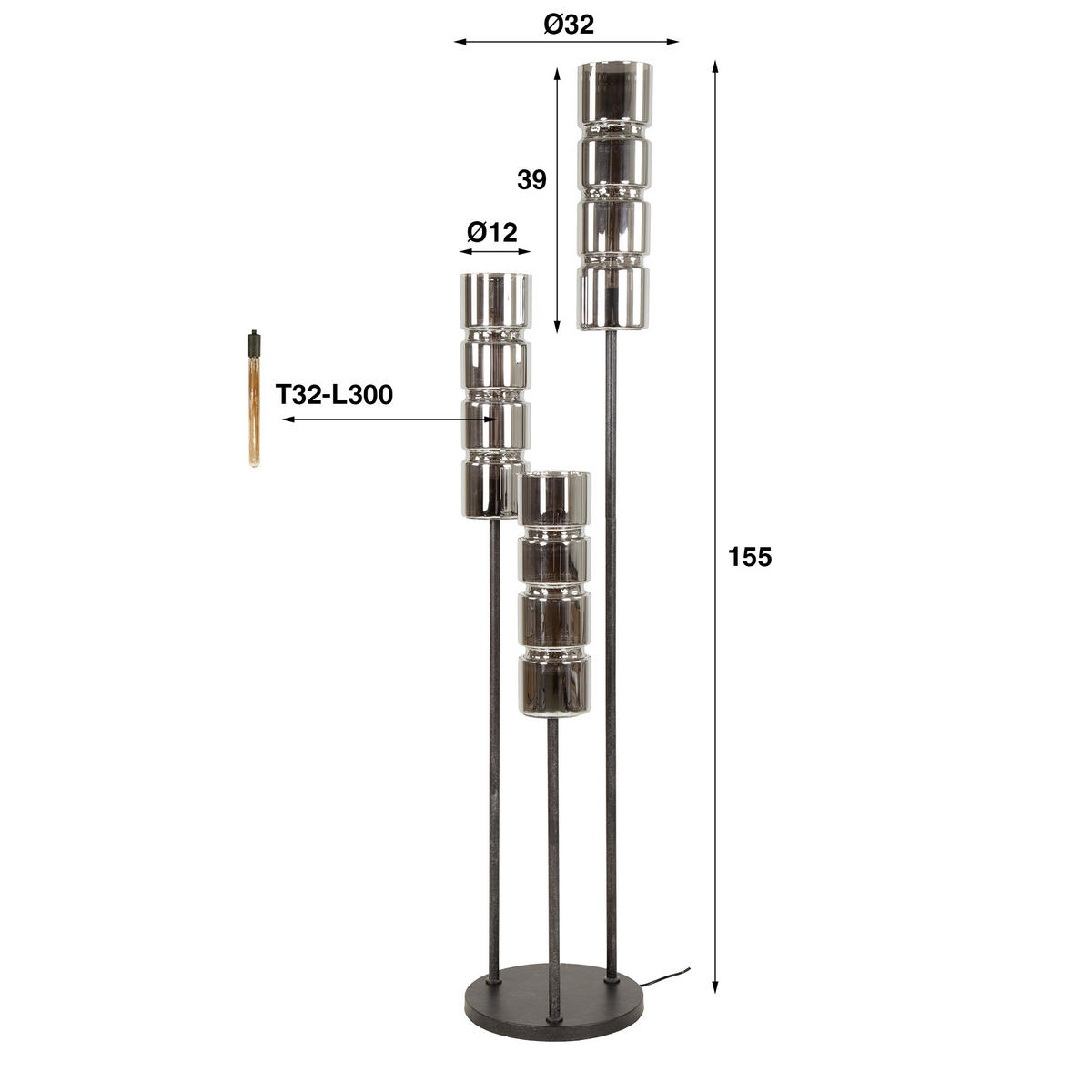 STEHLEUCHTE Cyli Schwarz 32/32/155 cm - Schwarz, Glas (32/32/155cm) - Hoyz Collection