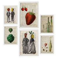 POSTER Set Mit 6 Küche Vintage Papier Stil Plakate Mit Enzyklopädie Hintergründen Obst Und Gemüse, Gesunder Lebensstil A3 & A4 Weißer Rahmen - Weiß, Papier (29/3cm) - Nacnic