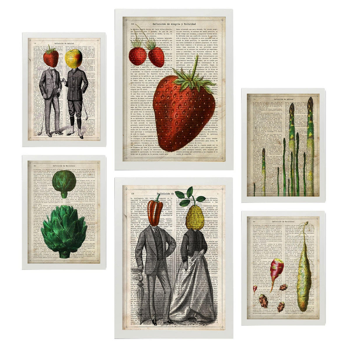 POSTER Set Mit 6 Küche Vintage Papier Stil Plakate Mit Enzyklopädie Hintergründen Obst Und Gemüse, Gesunder Lebensstil A3 & A4 Weißer Rahmen - Weiß, Papier (29/3cm) - Nacnic