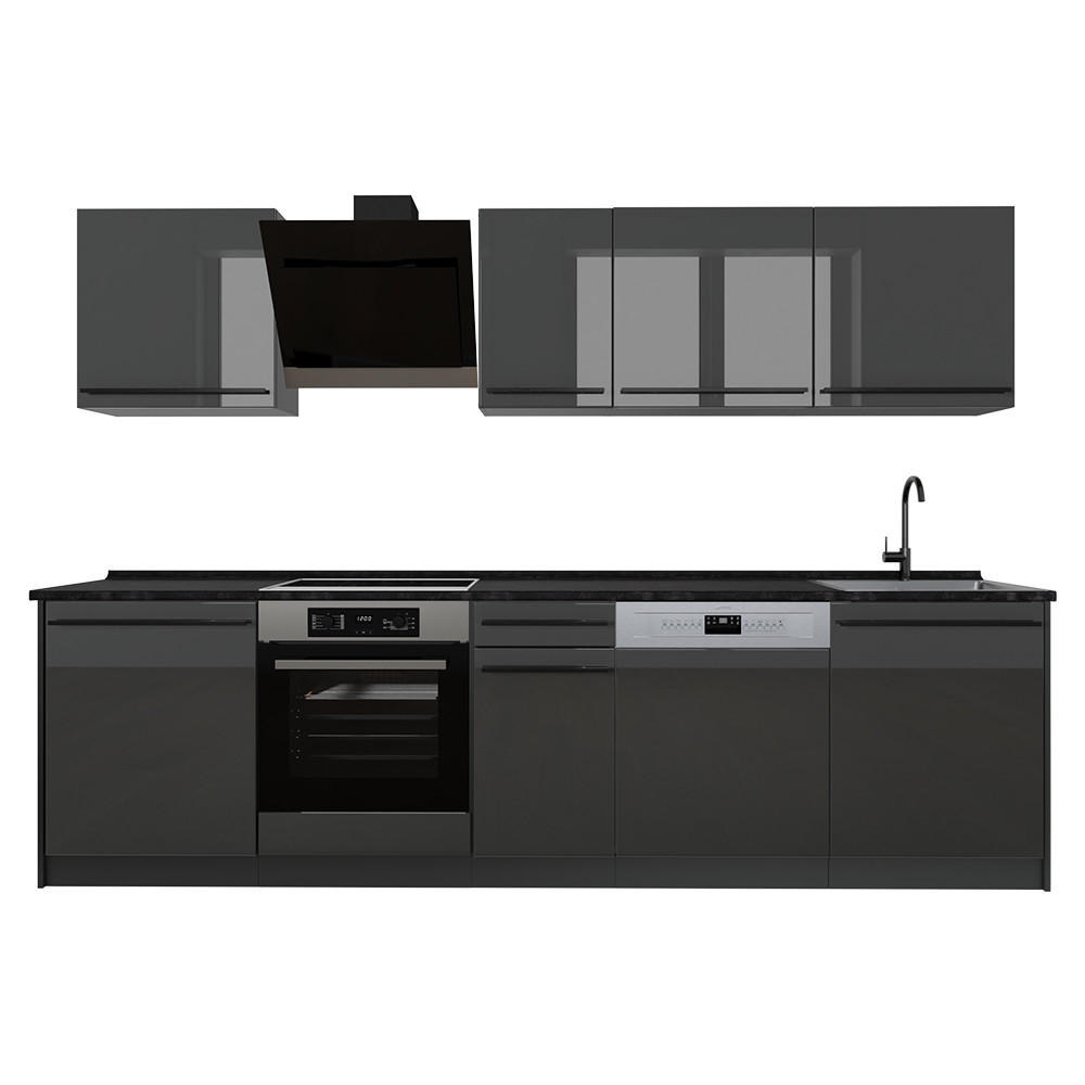 KÜCHENZEILE R-Line, Anthrazit Hochglanz/Anthrazit, 280 cm ohne Arbeitsplatte - Schwarz Hochglanz/Anthrazit, Holzwerkstoff (280/206.8/46cm) - Vicco
