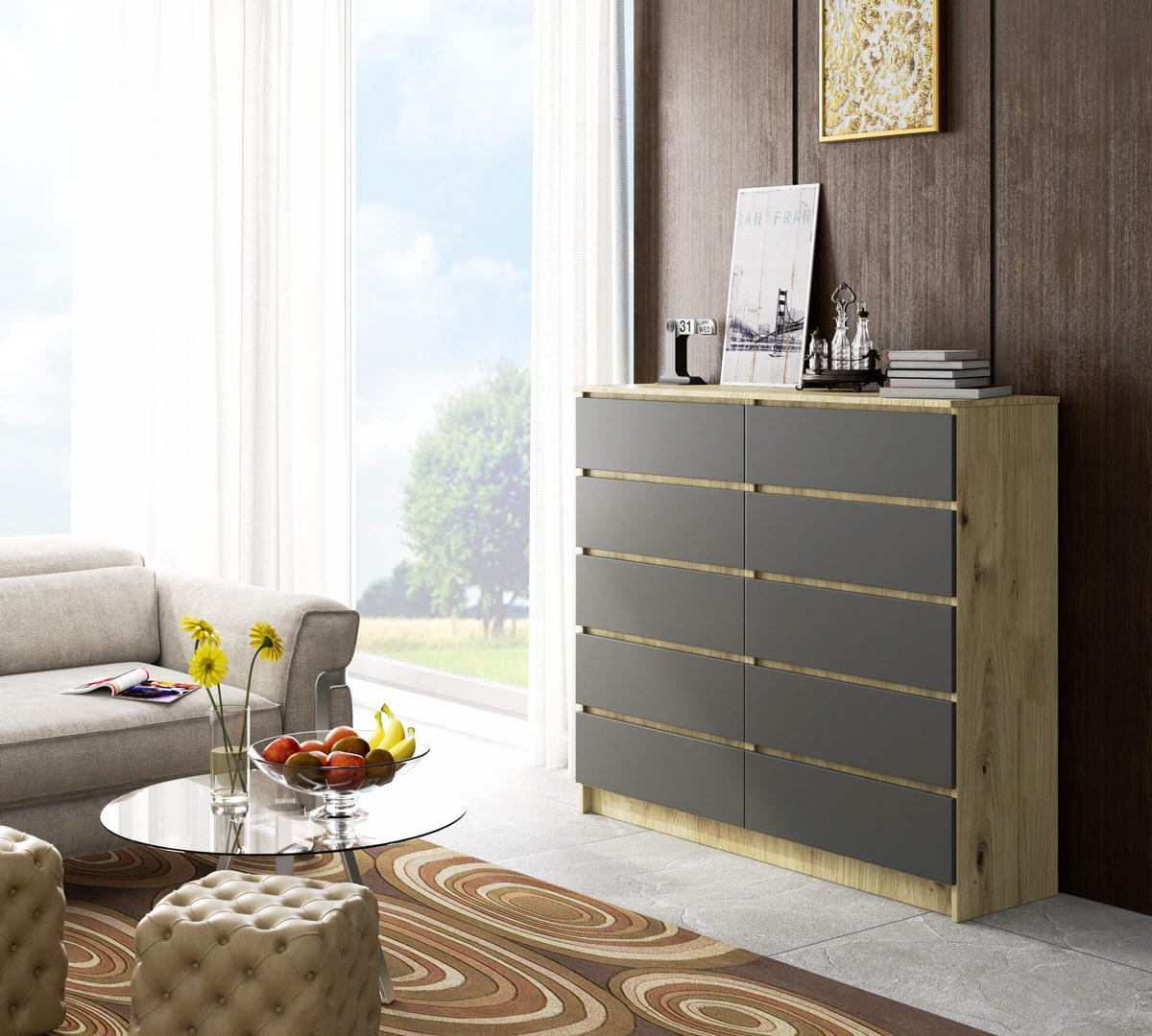 KOMMODE Eiche Artisan, Graphit Grau 121/138/40 - Eiche Artisan, Holzwerkstoff (138/121/40cm) - RAUMHIRSCH FURNITURE