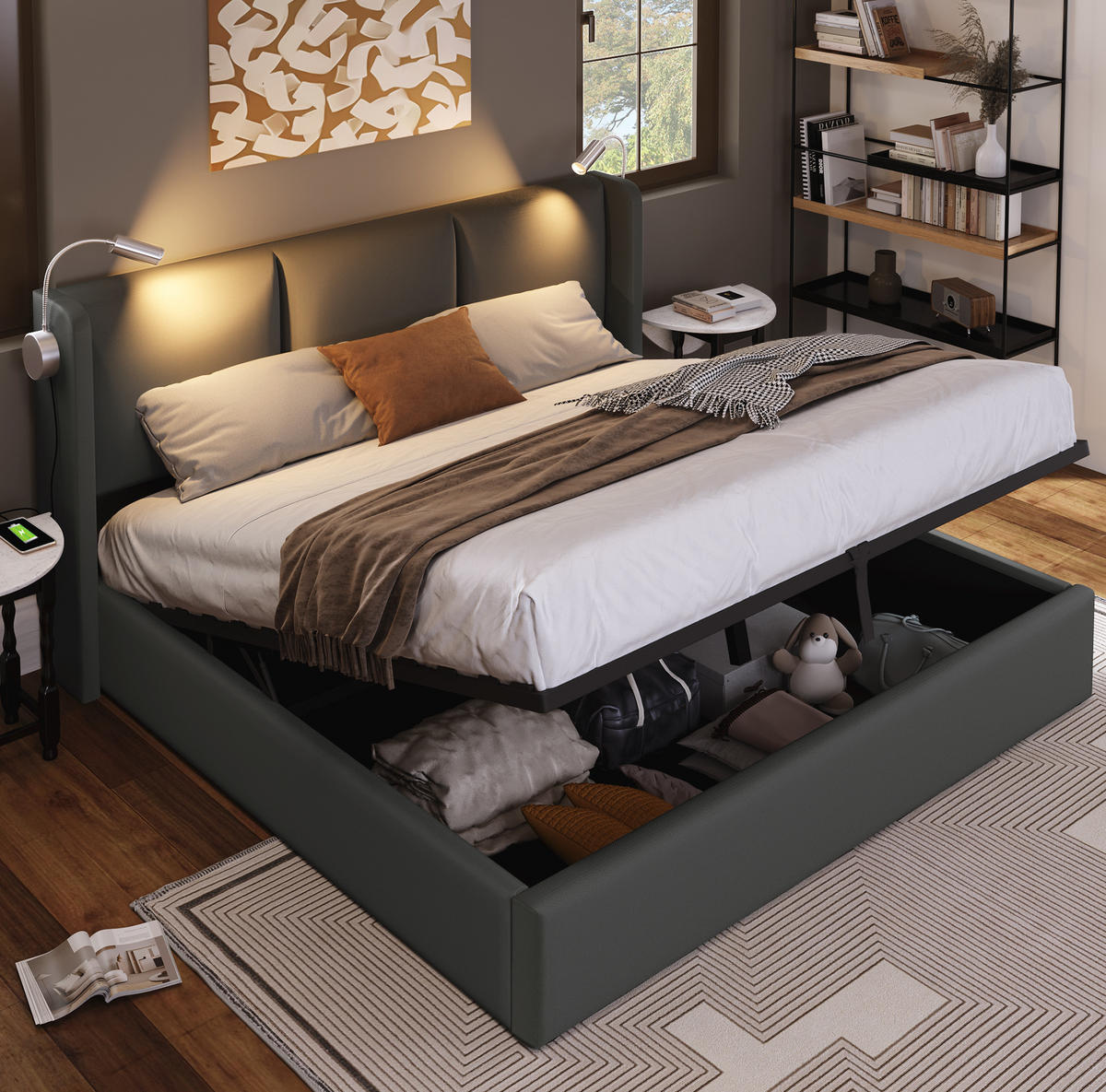 BETT mit Bettkasten 160x200 cm PU Grau mit Lattenrost - Grau, Metall (160/200cm) - Meubliv