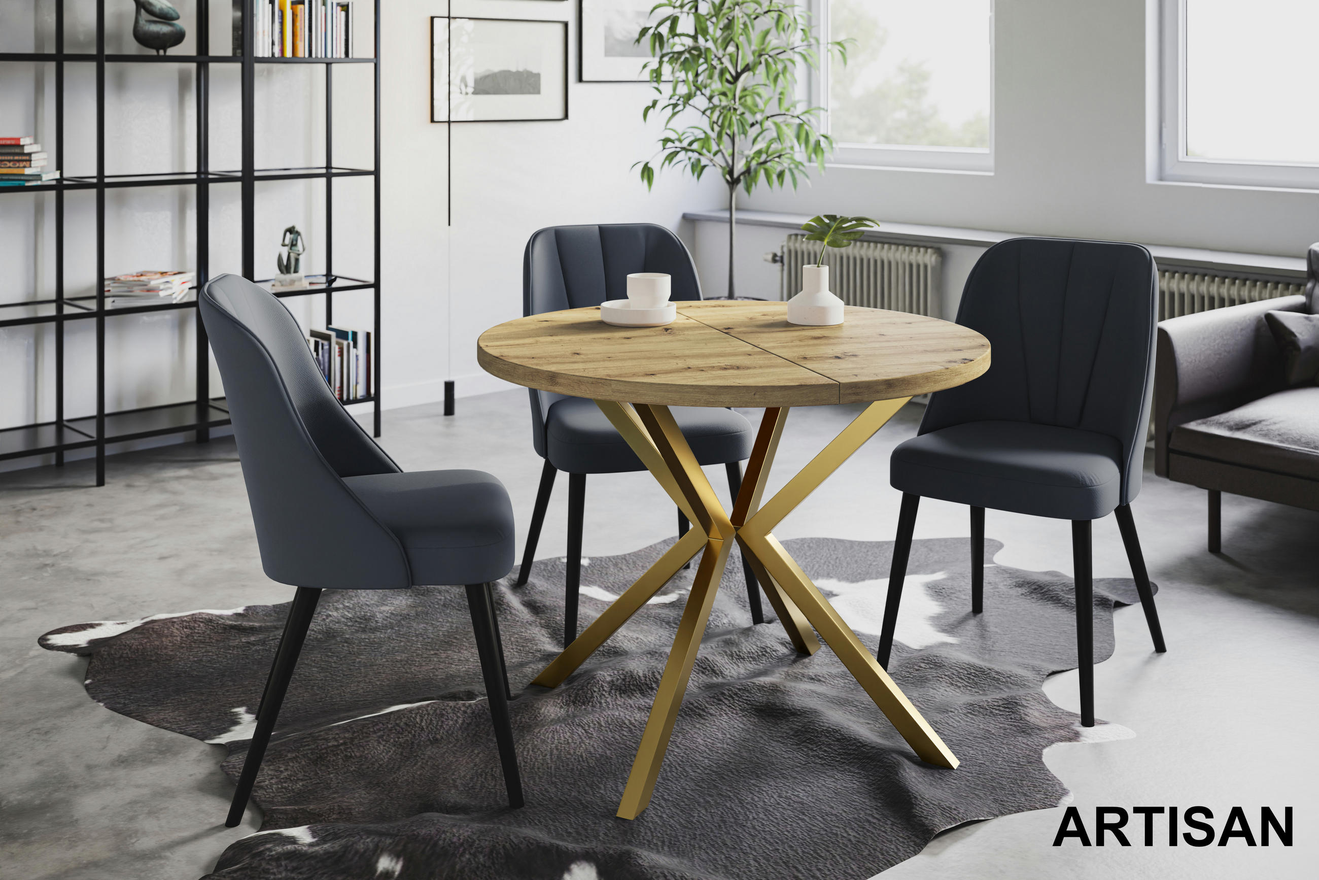 ESSZIMMERTISCH LOFT LITEN, ausziehbarer Tisch 120 cm/200 cm, Farbe: Mattbraun, mit Metallbeinen in Farbe Gold - Hellbraun/Goldfarben, Holzwerkstoff (120/120/76cm) - Alpi-Möbel