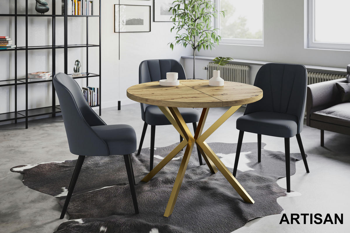 ESSZIMMERTISCH LOFT LITEN, ausziehbarer Tisch 90 cm/170 cm, Farbe: Mattbraun, mit Metallbeinen in Farbe Gold - Hellbraun/Goldfarben, Holzwerkstoff (90/90/76cm) - Alpi-Möbel