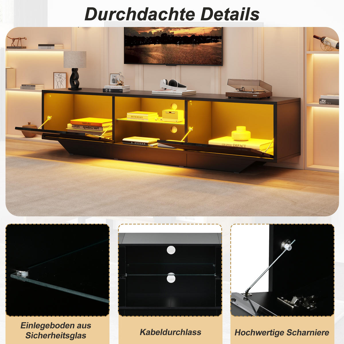 TV-LOWBOARD 160x35x44.5cm Schwarz mit LED und 2 Türen - Schwarz, Holzwerkstoff (160/44.5/35cm) - FLIEKS
