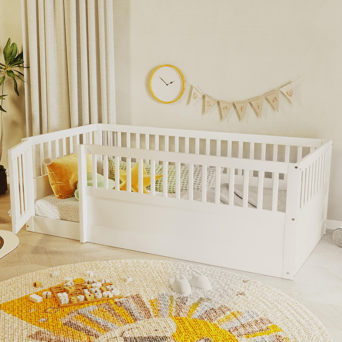 KINDEREINZELBETTEN aus Massivholz 90 x 200 cm in Weiß mit Zaun und Tür - Weiß, Holz (90/200cm) - Modfu