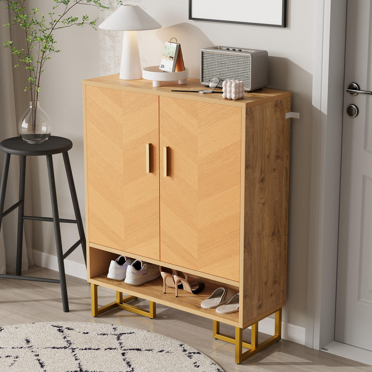 SCHUHSCHRANK 2 Türen Holzoptik Goldrahmen - Naturfarben, Holz (80/100/38cm) - LEBENLANG