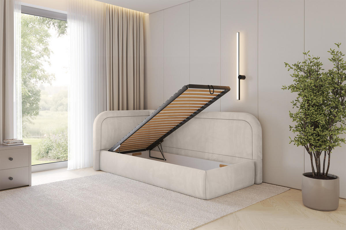 EINZELLBETT Jugendbett mit Bettkasten, Rechts - JOVY 90x200 Beige - Sandfarben, Holzwerkstoff/Textil (90/200cm) - ALTDECOR