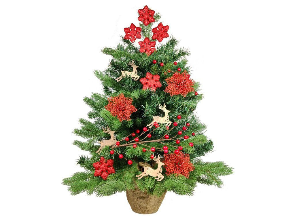 WEIHNACHTSBAUM künstlicher 60 cm mit LED-Beleuchtung, RENTIERKALB, mit 27 Weihnachtsbaumschmuck, Pflanztopf mit Jutesack - Rot/Braun, Kunststoff/Stein (40/60cm) - LAALU