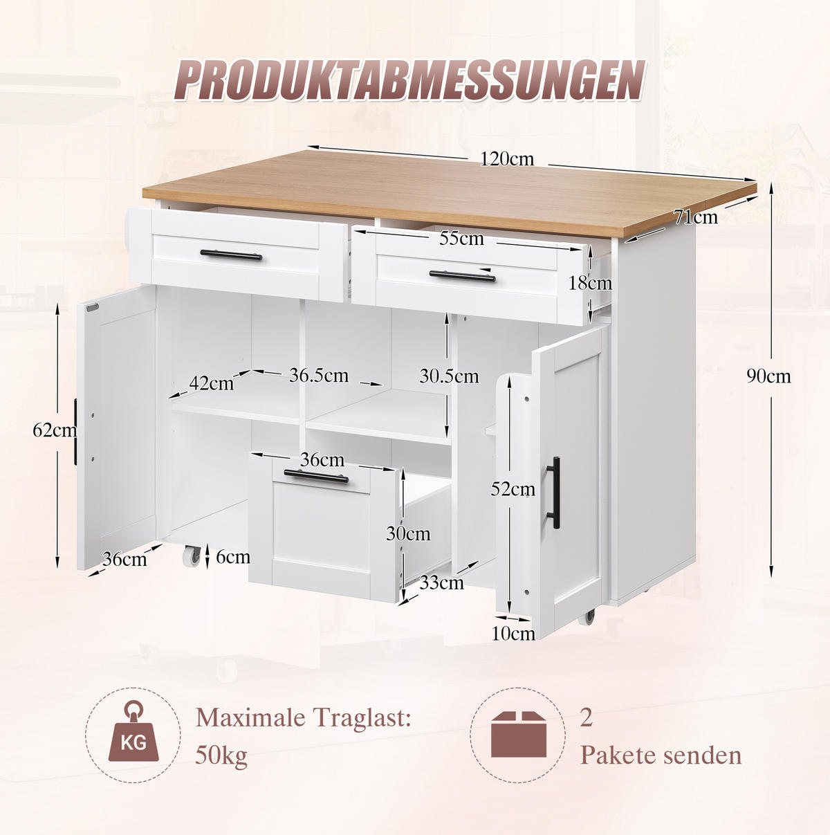 KÜCHENINSEL 120/46-71/90 cm aus Holzwerkstoff mit klappbarer Platte und Rollen Weiß - Weiß, Holzwerkstoff (120/90/71cm) - Modenvie