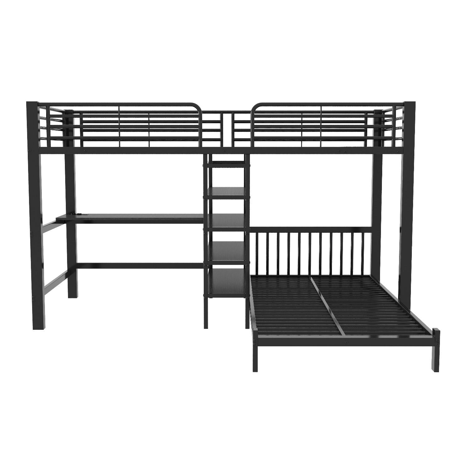 ETAGENBETT 90/200 cm Schwarz mit Schreibtisch, Kleideraufbewahrung, USB- und Type-C-Schnittstelle - Schwarz, Metall (90/200cm) - Oxeza