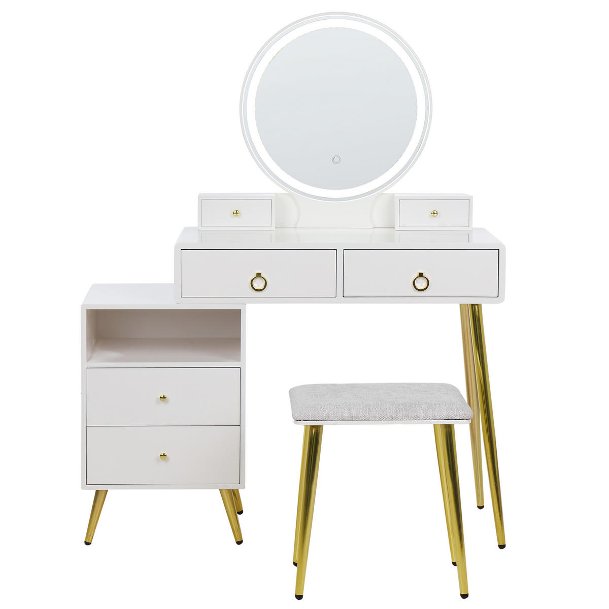 SCHMINKTISCH mit rundem LED-Spiegel Hocker 6 Schubladen weiß/gold Yves - Goldfarben/Weiß, Holzwerkstoff (98/133/38cm) - Beliani