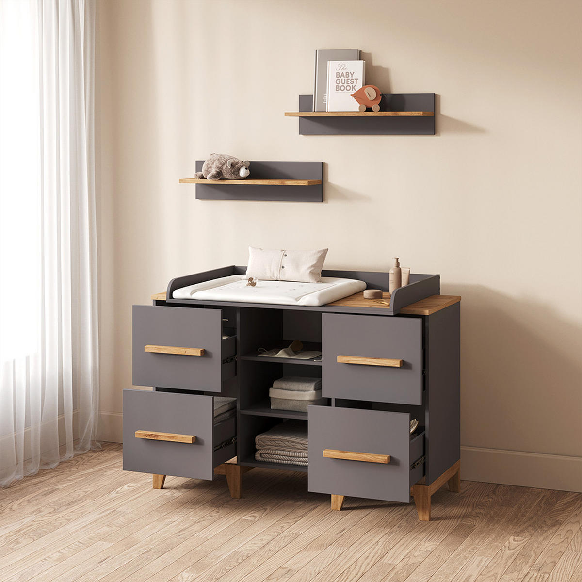 WICKELKOMMODE Mailo Grau/Artisan XL mit 4 Schubladen - Eiche Artisan/Grau, Holzwerkstoff (133/108/70cm) - Livinity®