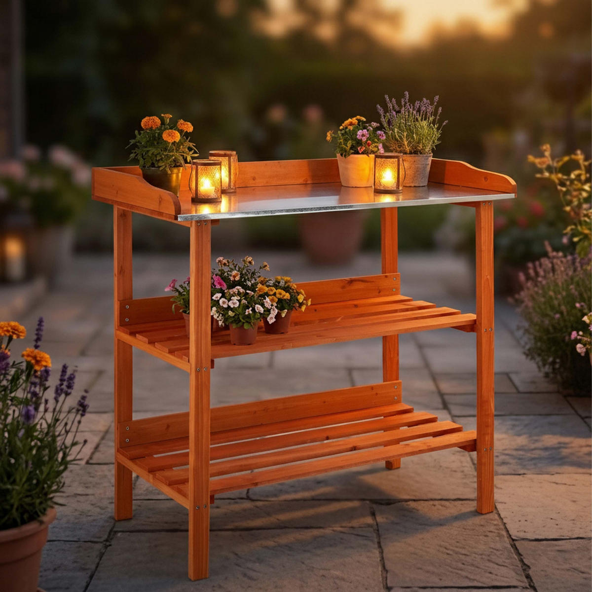 PFLANZTISCH Orange Holz Metallplatte 91,8 cm - Orange, Holz/Metall (91.8/87.5/41.5cm) - Relaxdays