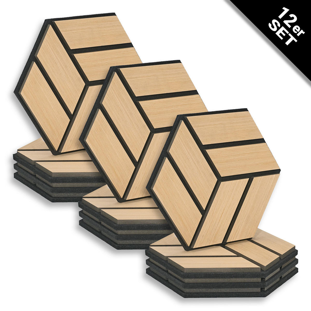 AKUSTIKPANEEL Hexagon Natur 12 Stück - Naturfarben, Holz (30/26/2cm) - Homestyle4u