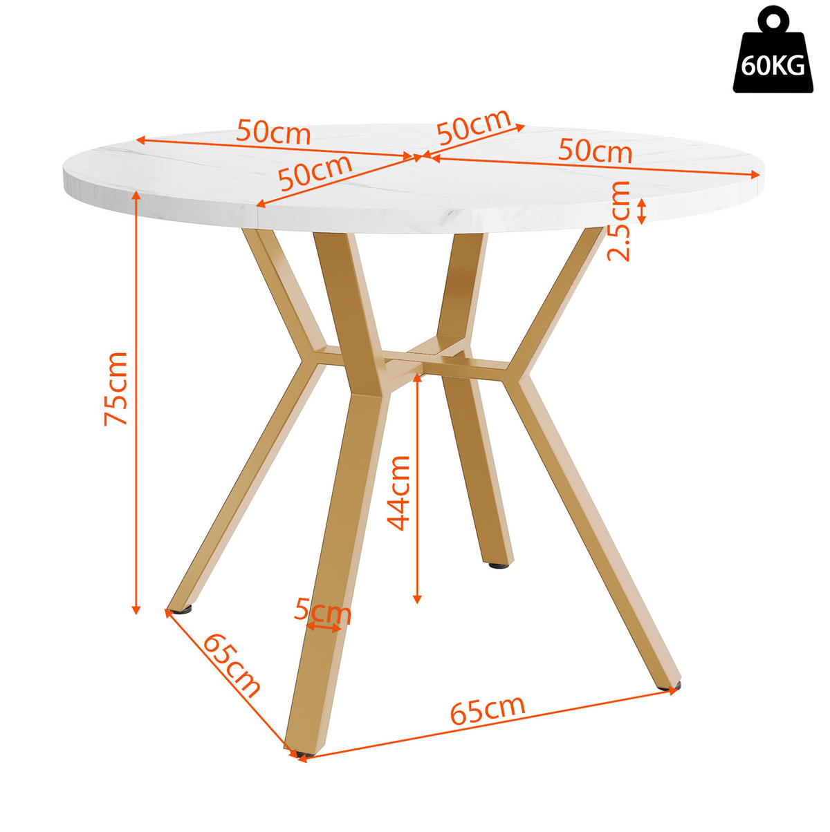ESSTISCH, MDF in Marmoroptik mit Metallgestell, Ø 100/75 cm, Weiß/Gold - Goldfarben, Holzwerkstoff (100/100/75cm) - Redom