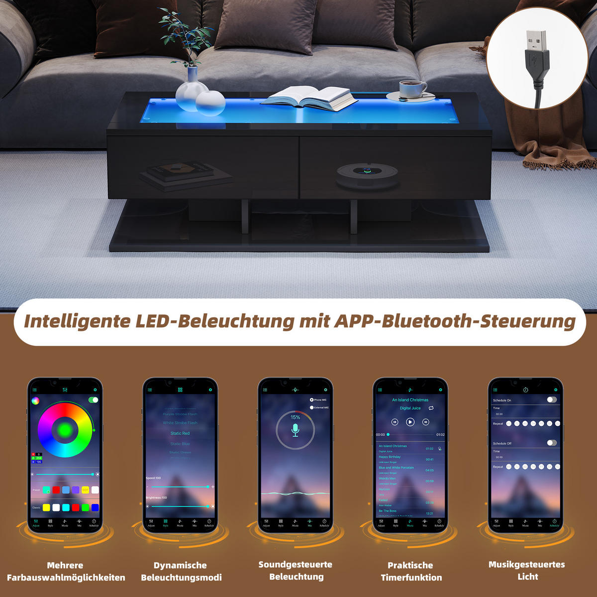 COUCHTISCH LED Schwarz Hochglanz 1 Schublade Glas 100x50x35cm - Schwarz, Holzwerkstoff (100/50/35cm) - FLIEKS