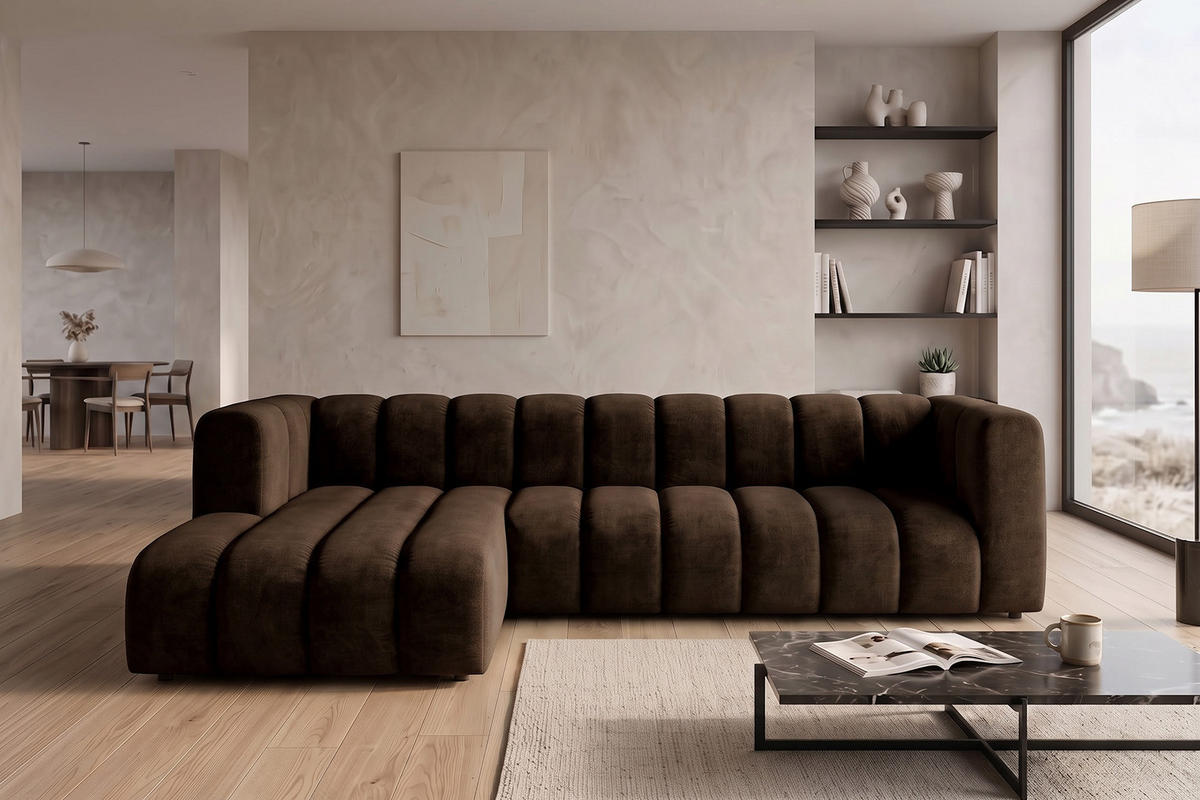 ECKSOFA Modulares In L-Form, Velvet-Stoff Riviera, Schokolade, Links, GRAND 318 cm - Braun, Holz (318/179cm) - Kaiser Möbel