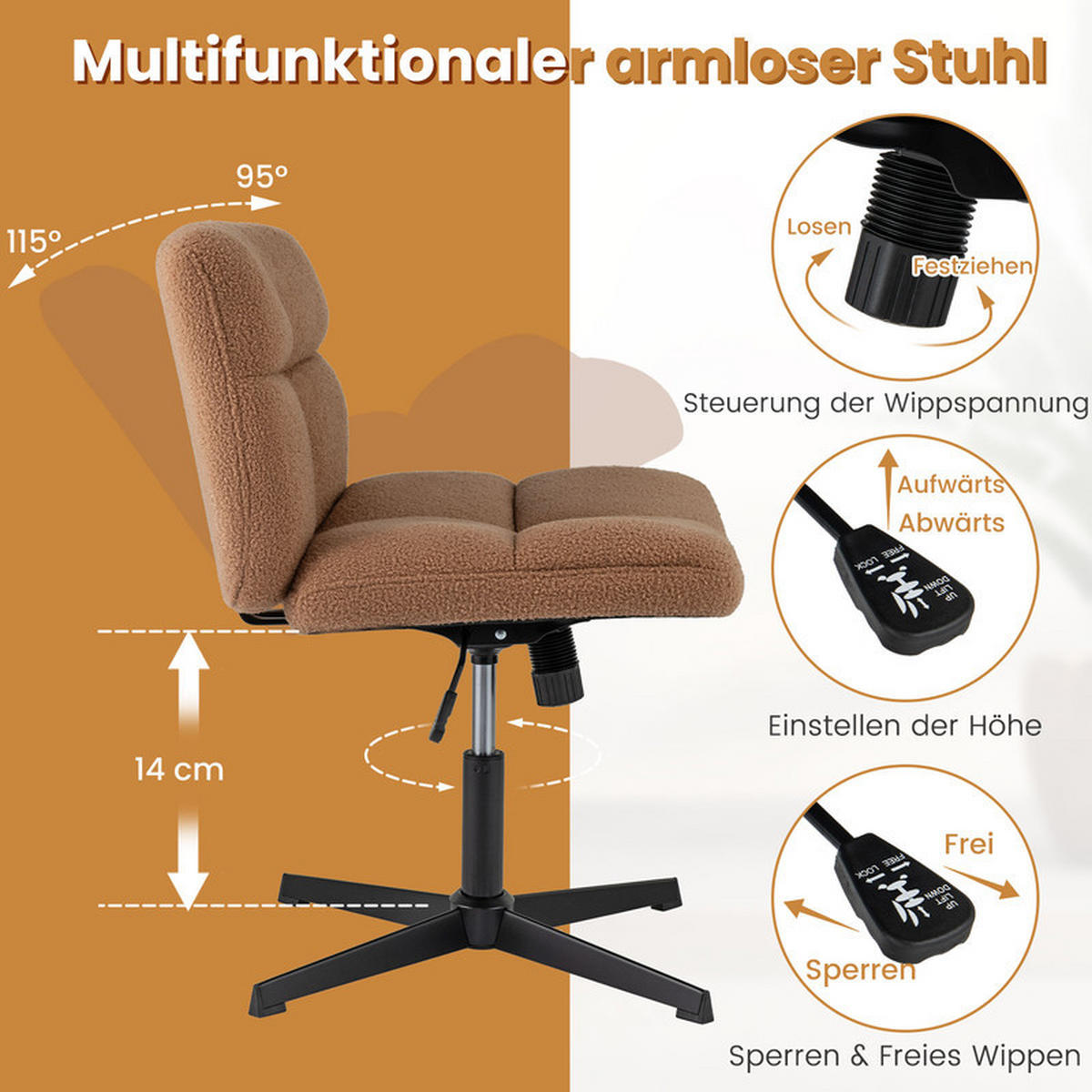BÜROSTUHL Braun - Braun, Metall (73/78/64cm) - COSTWAY