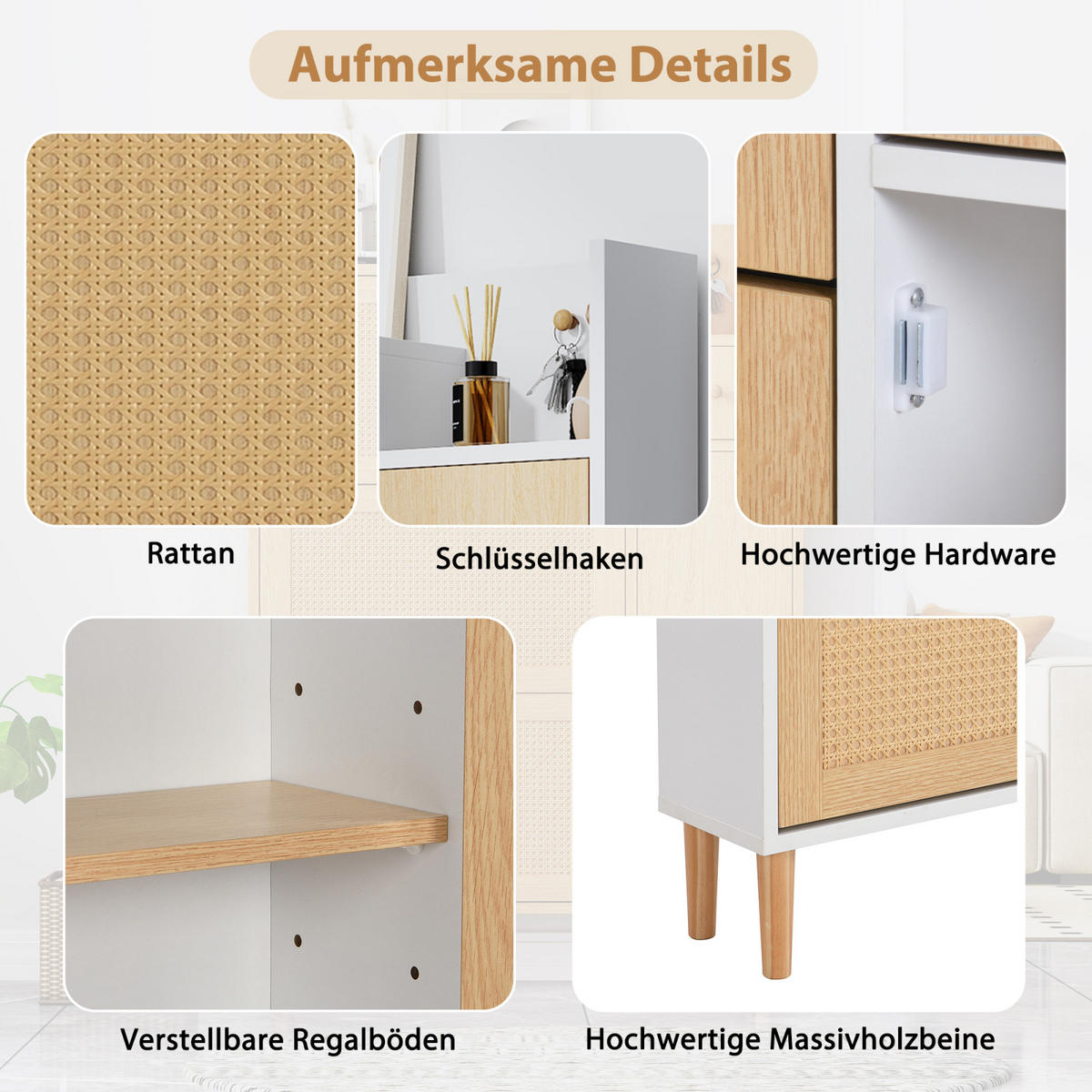SCHUHSCHRANK Rattanoptik Weiß mit 3 Klappen, Schublade und Massivholzbeinen - Naturfarben, Holz (90/125/17cm) - PARAFTA HOME