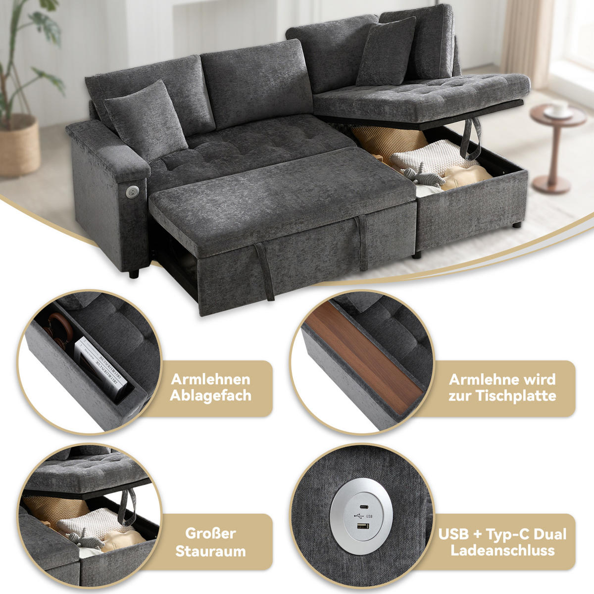 SCHLAFSOFA 209/130/84 cm in Dunkelgrau – mit Stauraum und USB-Anschluss - Dunkelgrau, Textil (130/84/209cm) - BEAOK