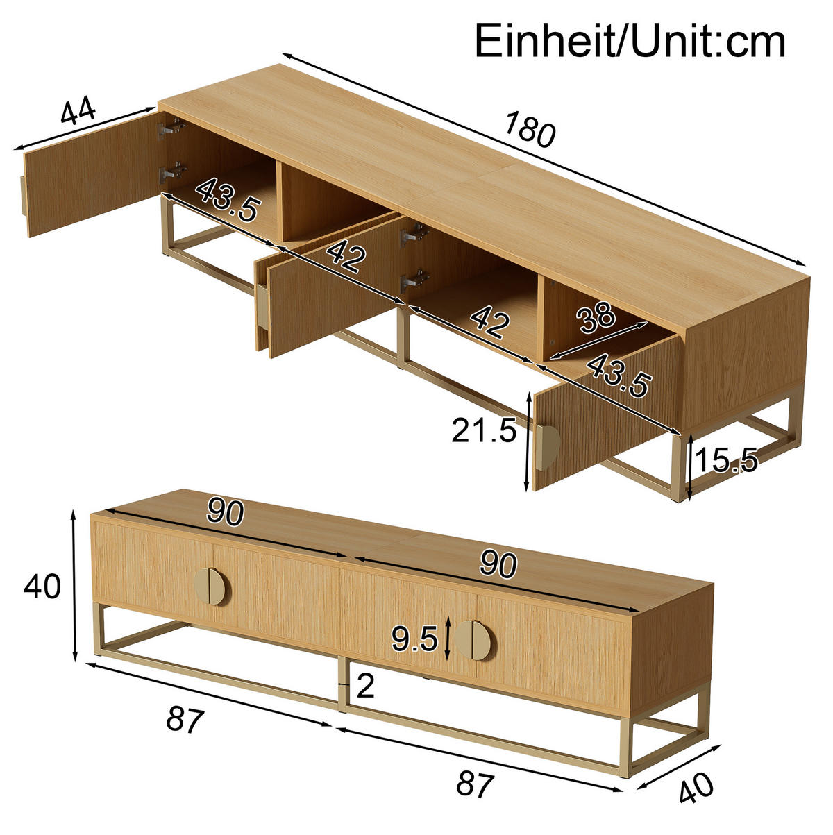 LOWBOARD in Naturfarben mit 4 Türen und halbrunden Griffen, modern,mit Stauraum für Wohnzimmer,B180/T40/H40cm - Goldfarben/Naturfarben, Holzwerkstoff/Metall (180/40/40cm) - STILVORA