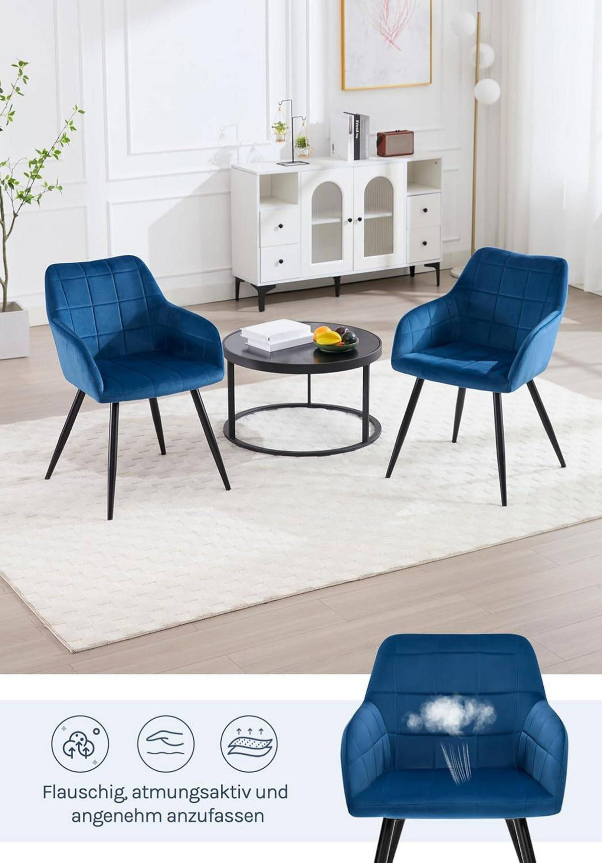 ESSZIMMERSTUHL 6er Set, Küchenstühle mit Armlehnen Metallbeinen - Blau/Schwarz, Textil/Metall (56/81/62cm) - Woltu