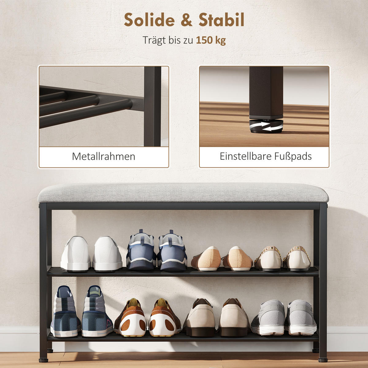 SCHUHBANK mit Sitzfläche, Sitzbank mit Stauraum, Schuhregal mit 2 offene Fächer - Dunkelgrau/Schwarz, Metall (31/50/81cm) - HOMCOM