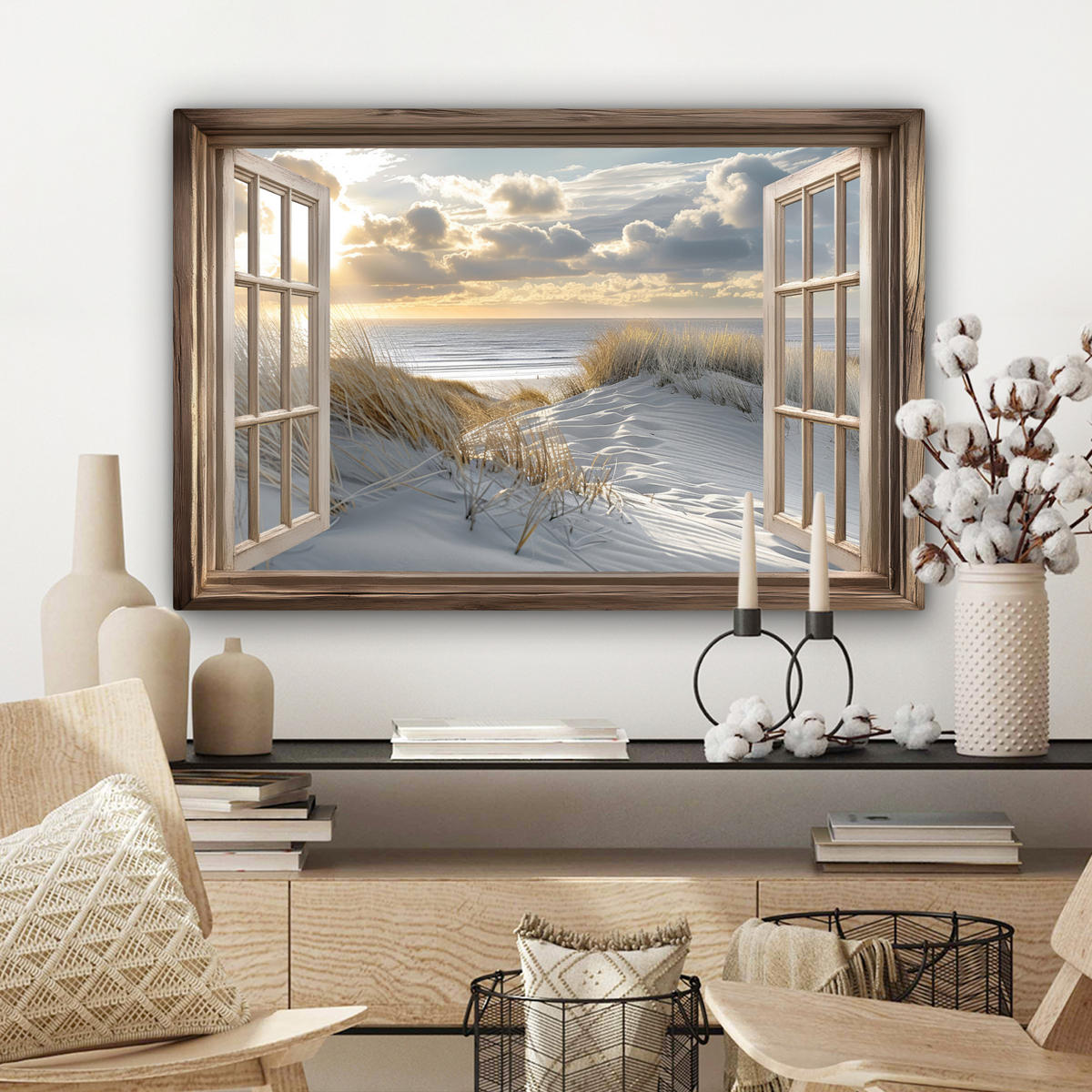 LEINWANDBILD Ausblick - Strand - Dünen - Meer - Natur Gemälde 60x40 cm - Sandfarben, Textil (60/40cm) - MuchoWow