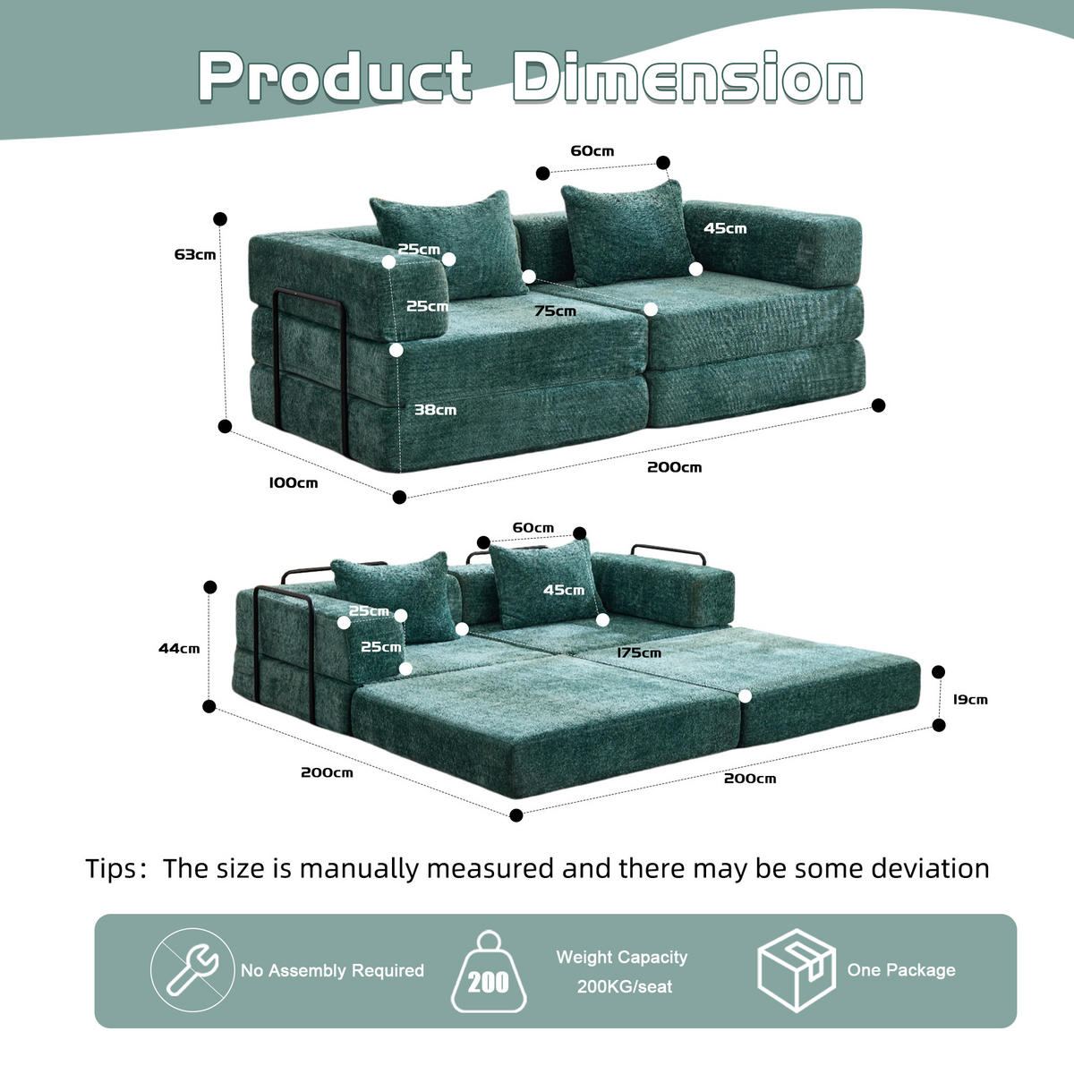 SCHLAFSOFA 2-in-1 faltbar mit Formrahmen, DE-42526, Dunkelgrün - Dunkelgrün, Textil (200/63/100cm) - ComfortXL