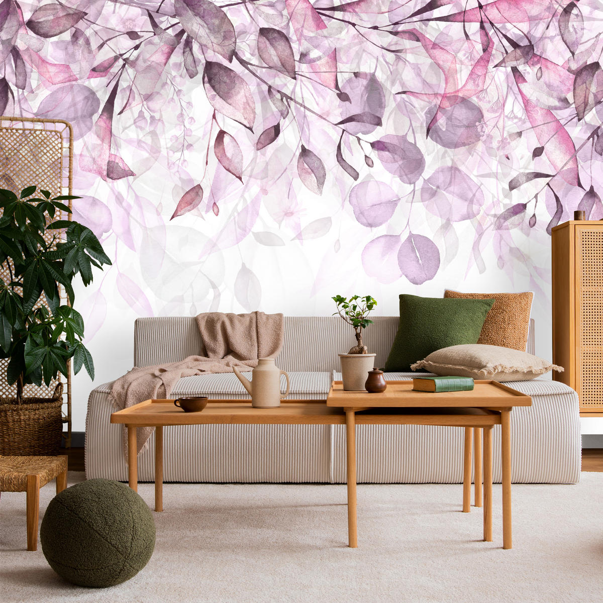 FOTOTAPETE für Schlafzimmer Aquarell Zarte Rosa Blätter Botanisch 450x315 - Violett/Weiß, Papier (450/315cm) - Muralo
