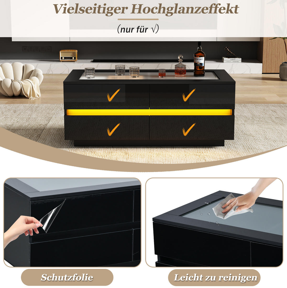 COUCHTISCH aus Spanplatte 100x50x40 cm Schwarz mit 4 Schubladen, LED-Beleuchtung und Glasplatte - Schwarz, Holzwerkstoff (100/50/40cm) - IVMEU