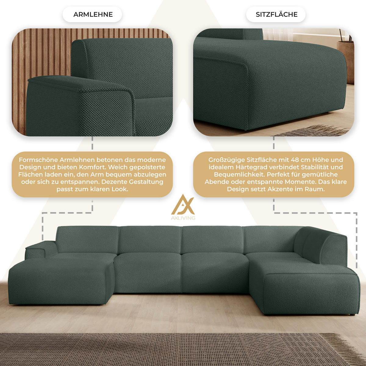 WOHNLANDSCHAFT Didim Grün 378/220/78 cm – großes Sofa stilvoll & bequem R - Schwarz/Grün, Kunststoff/Textil (378/78/220cm) - AX Living
