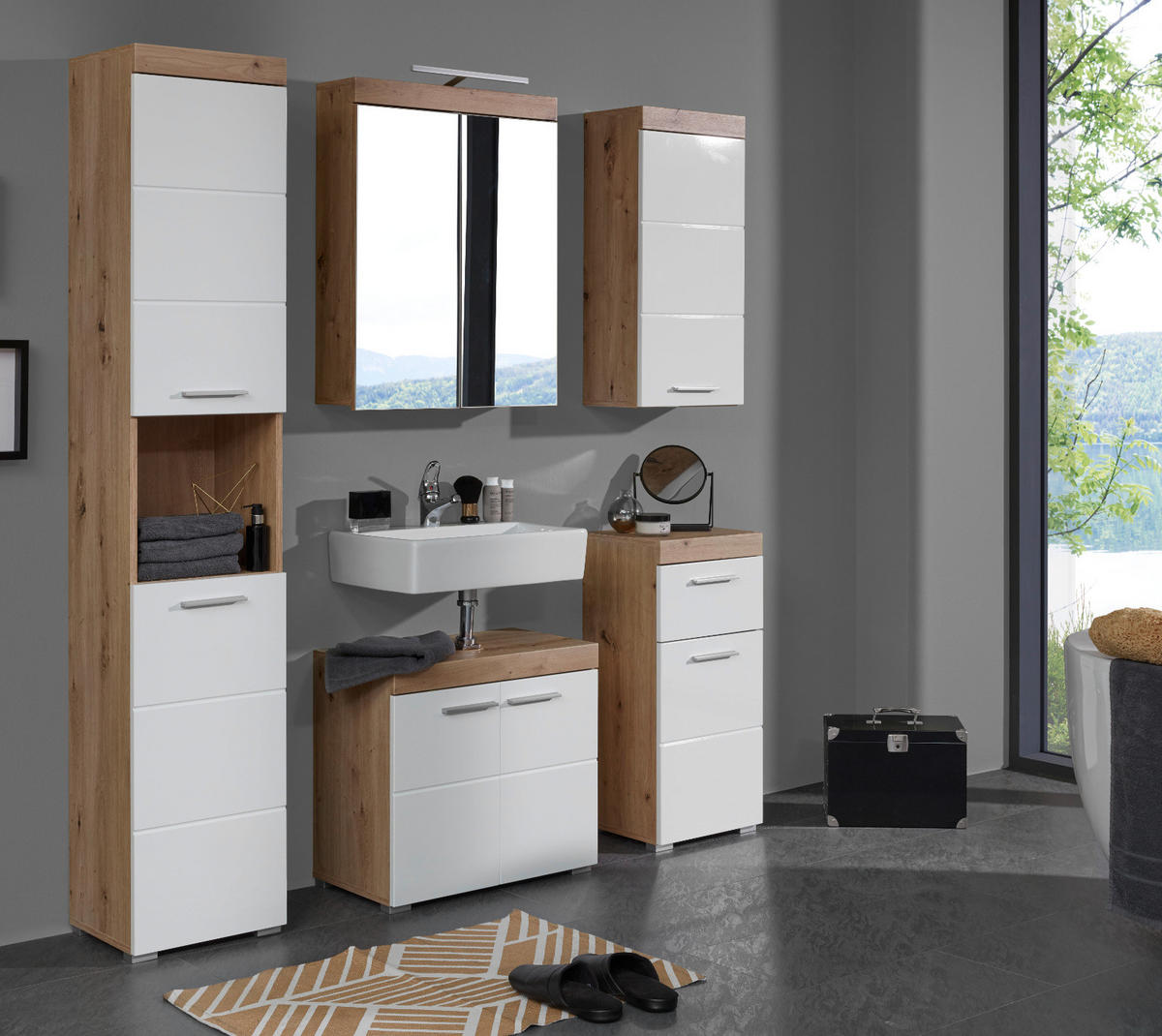 HOCHSCHRANK weiß Hochglanz, Asteiche 37 cm, Badschrank in modernem Design - Eichefarben/Weiß, Holzwerkstoff/Kunststoff (37/190/31cm) - Top.Furn