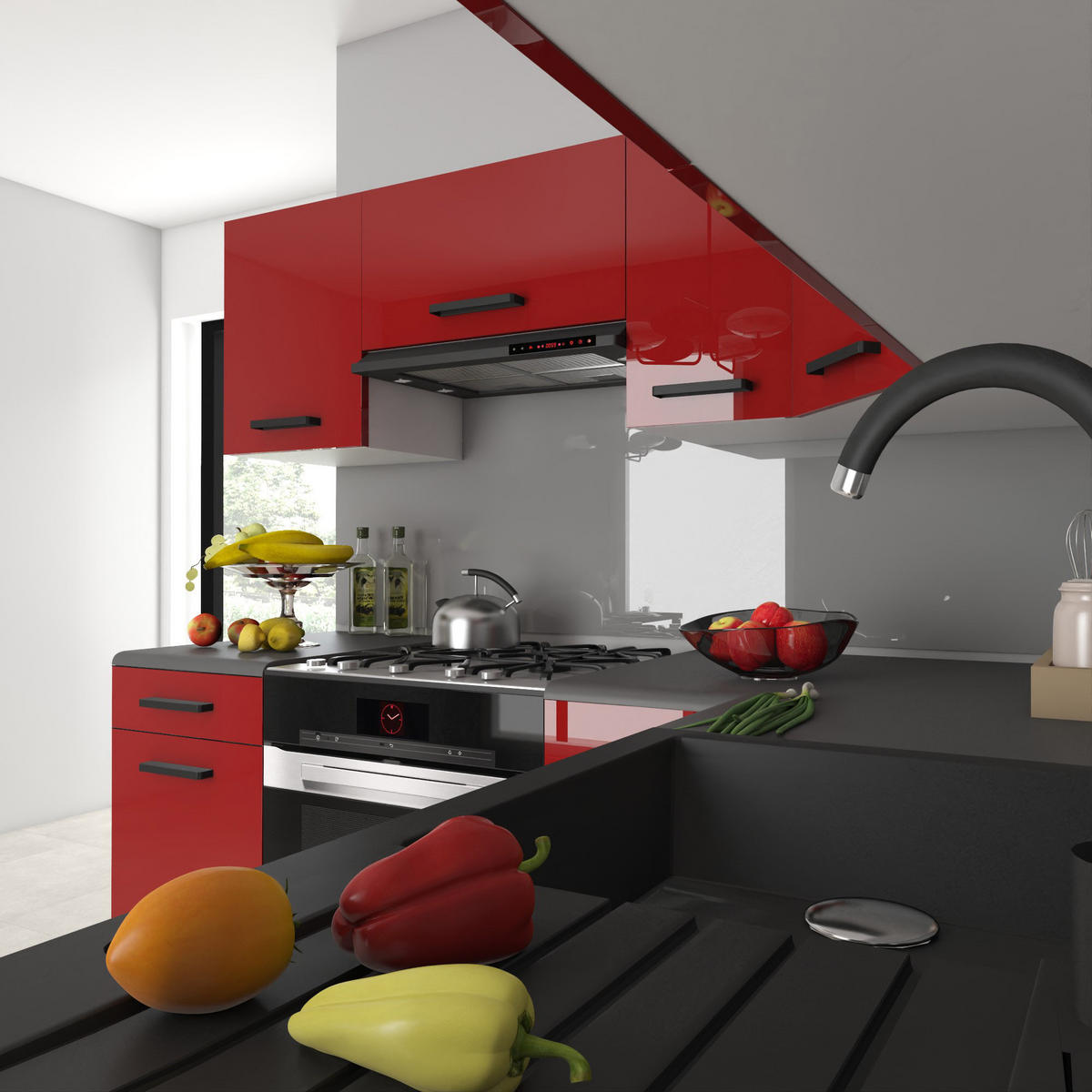 KÜCHENZEILE Italia 6 360 cm, mit Arbeitsplatten, Rot - Rot, Holz (360/143/60cm) - B BELINI GROUP
